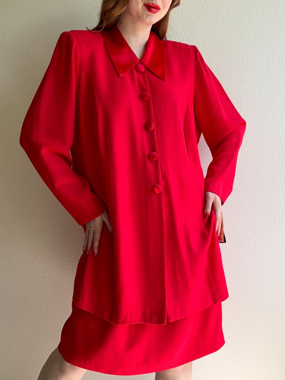 Deadstock Vintage 1980s Red Buttoned Collar Dress (L/XL)